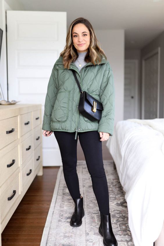 Casual Green Quilted Jacket with Black Leggings